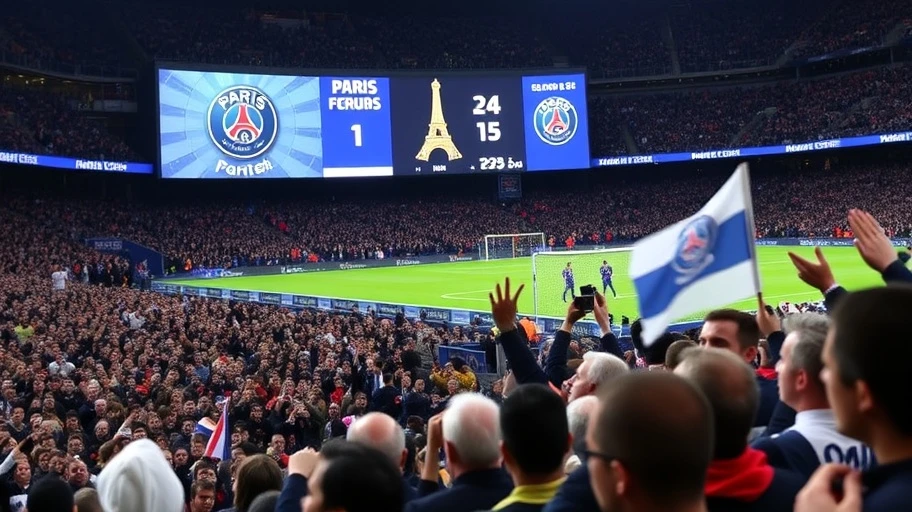 Bảng tỷ số và người hâm mộ tại trận đấu PSG