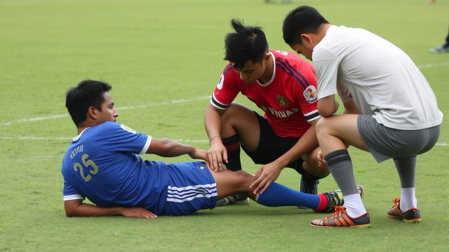 Cầu thủ bóng đá đang điều trị vết thương tại sân