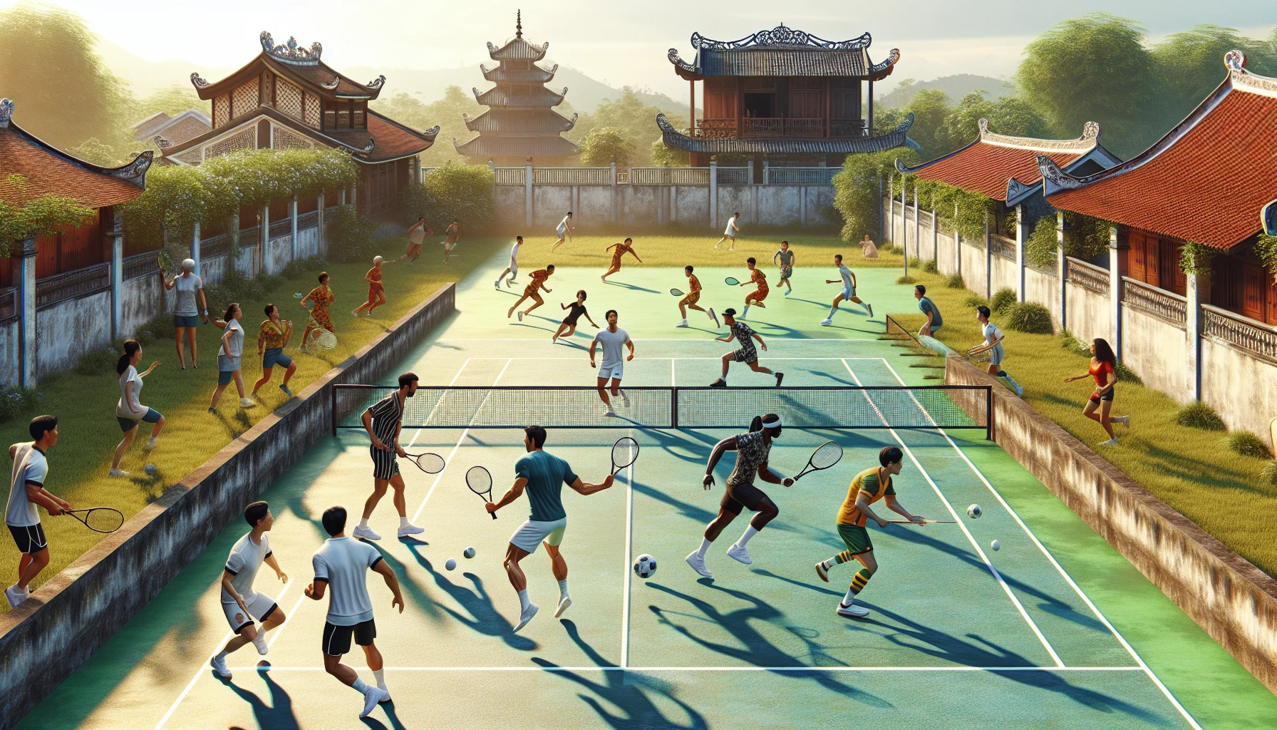 Cầu thủ tennis và bóng đá rèn luyện