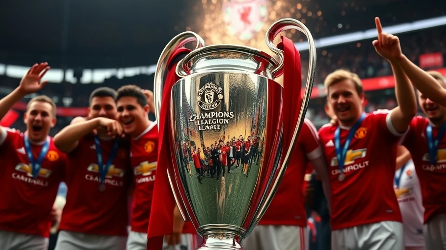 Chiếc cúp UEFA Champions League và niềm vui của cầu thủ MU.