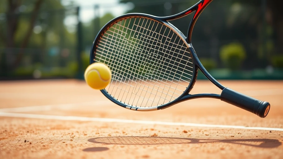 Cú đánh tennis với vợt trên sân đất nện.