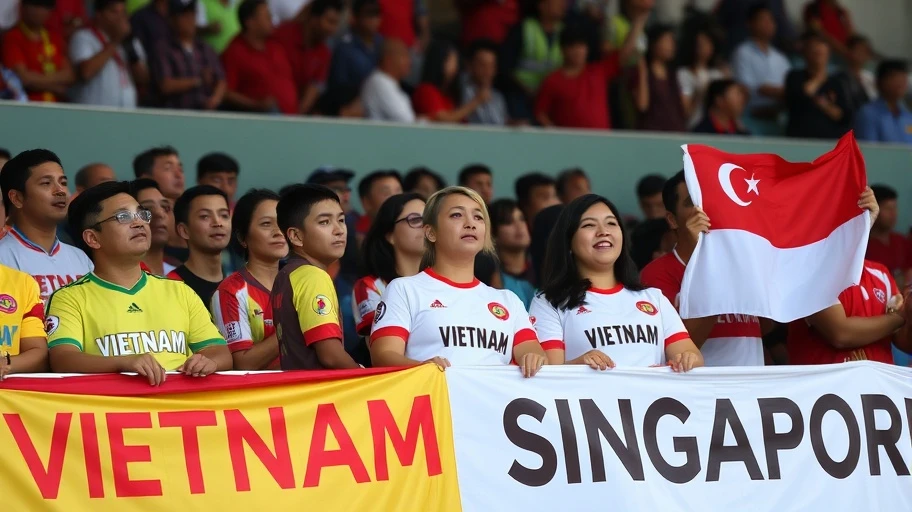 Football fans in the stands supporting Vietnam and Singapore teams.