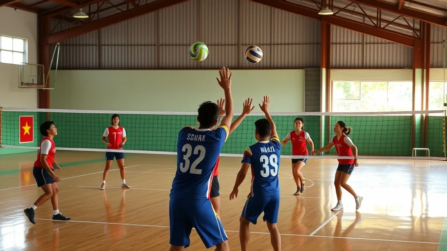Hình ảnh bóng chuyền trong nhà với sáu cầu thủ