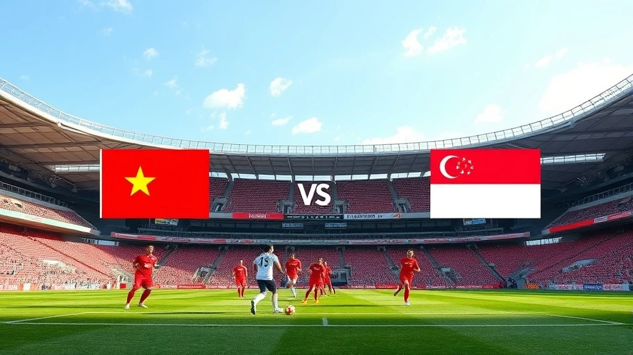 Photo of a Vietnam vs Singapore football match showing players in action.