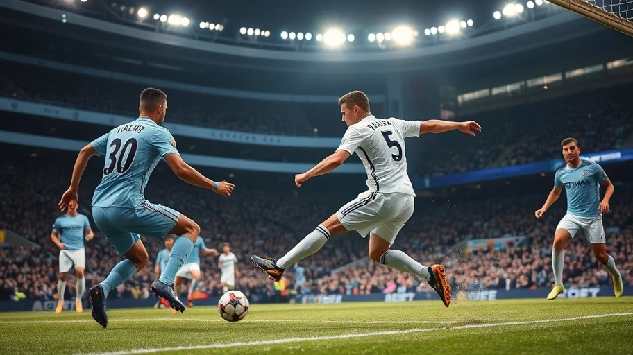 Real Madrid player scoring against Manchester City