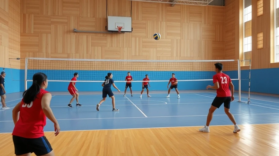 Sân bóng chuyền trong nhà với cầu thủ đang thi đấu