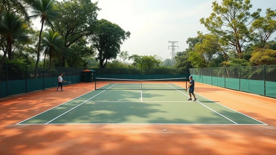 Sân tennis đất nện với các cầu thủ tập luyện.