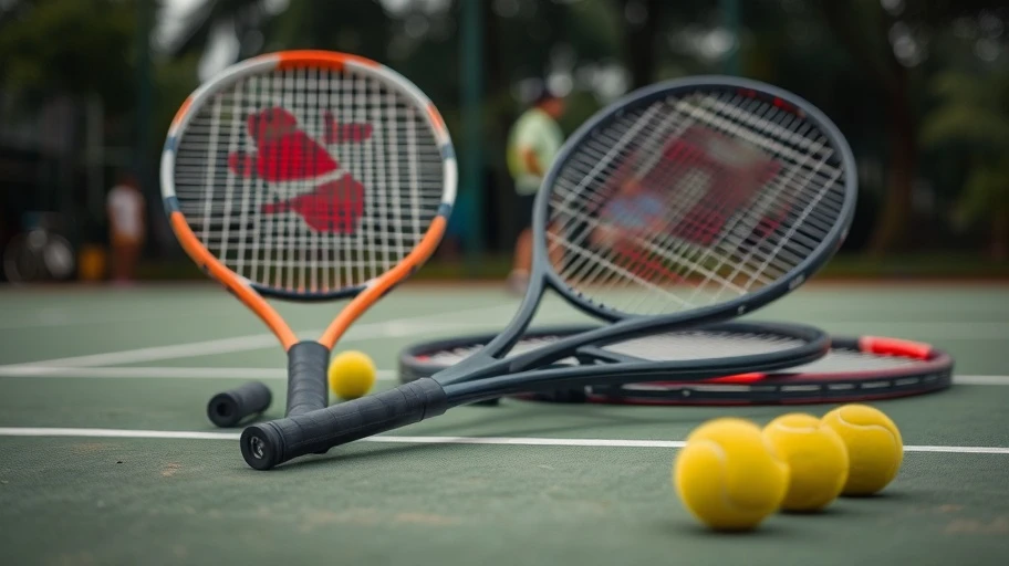 Thiết bị tennis gồm vợt và bóng trên sân.