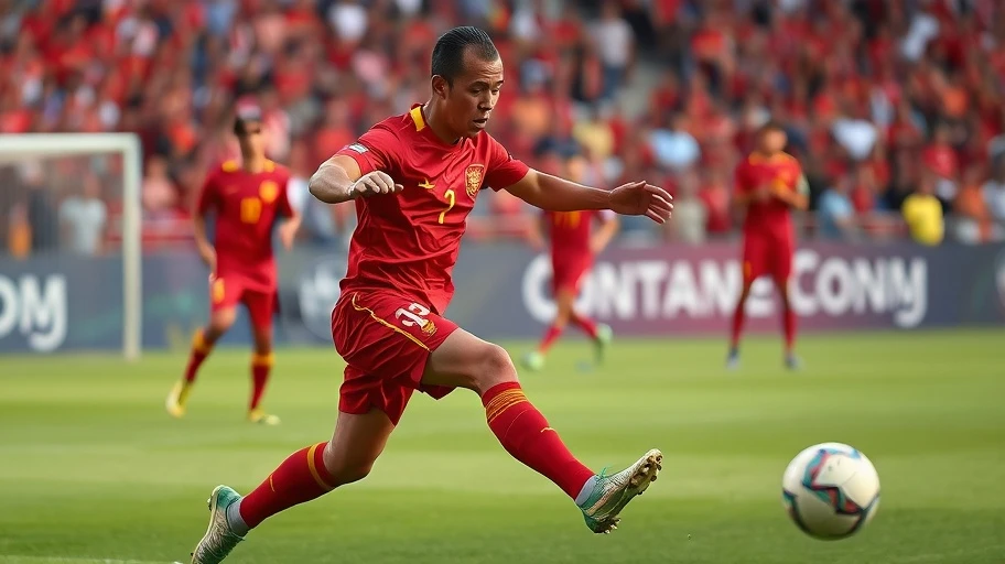Vietnam team player shooting in a match against Singapore.